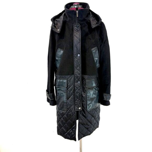 Badgley Mischka Women's Black Wool Leather Puffer Coat sz L - Picture 2 of 14